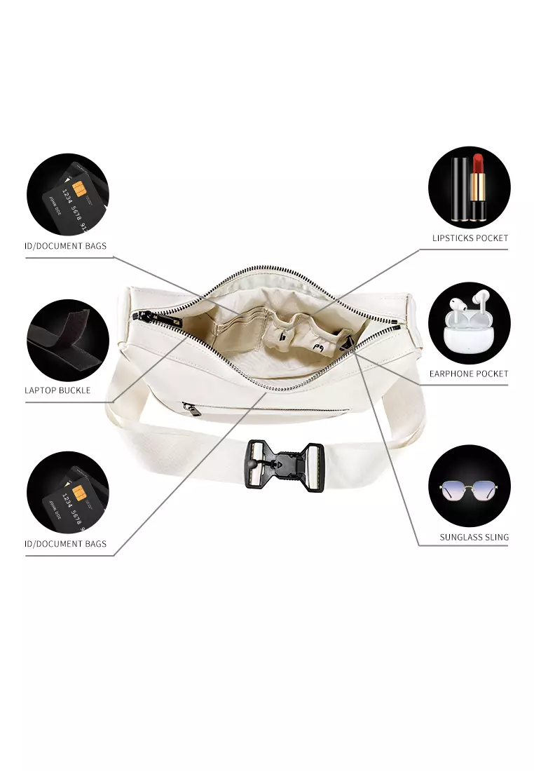 Loren 女士流浪包 單肩包 斜挎包 可調節肩帶長度 防水面料 快速拆解運動扣-白色