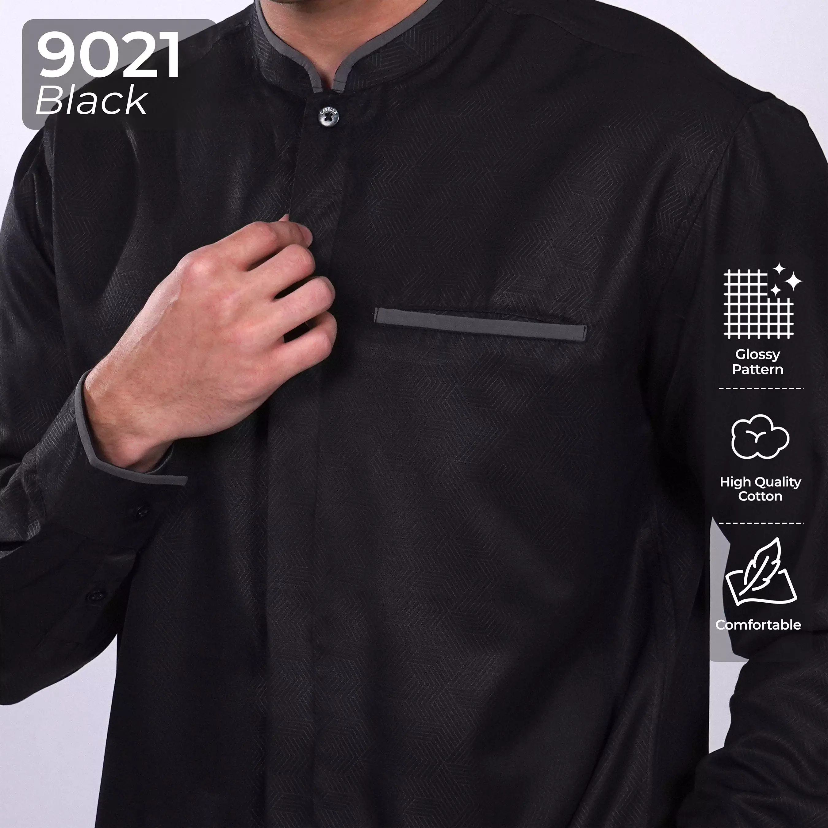 Casella Baju Koko Pria Lengan Panjang| Kemeja Koko Emboss Zayn Series 9021 Black