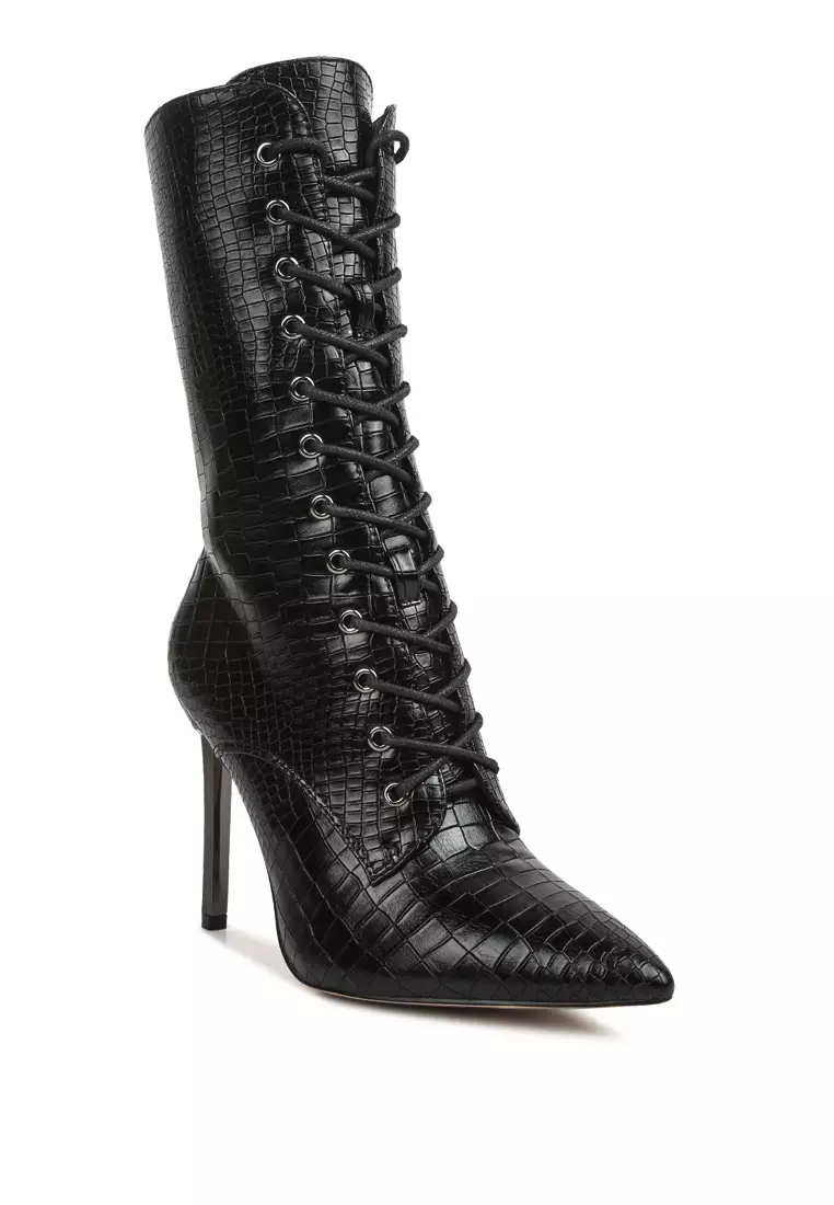 Croc Textured Over The Ankle Boots in Black