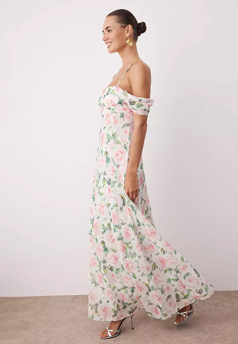 sachin and babi light blue dress Black Floral Print Chiffon Stitched Gown with Lace Touch-Up