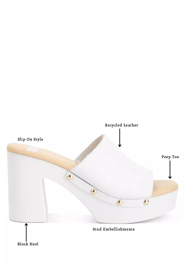White Recycled Leather Block Heel Clogs