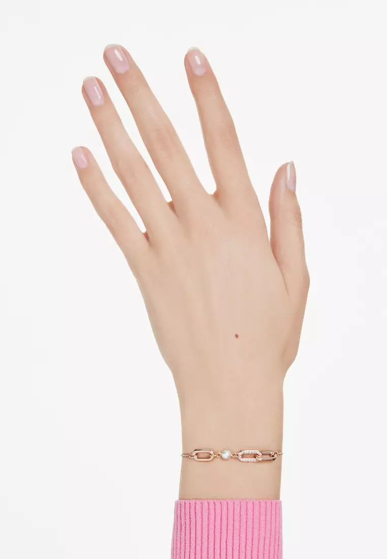 Constella bracelet, Crystal pearl, Round cut, White, Rose gold-tone plated