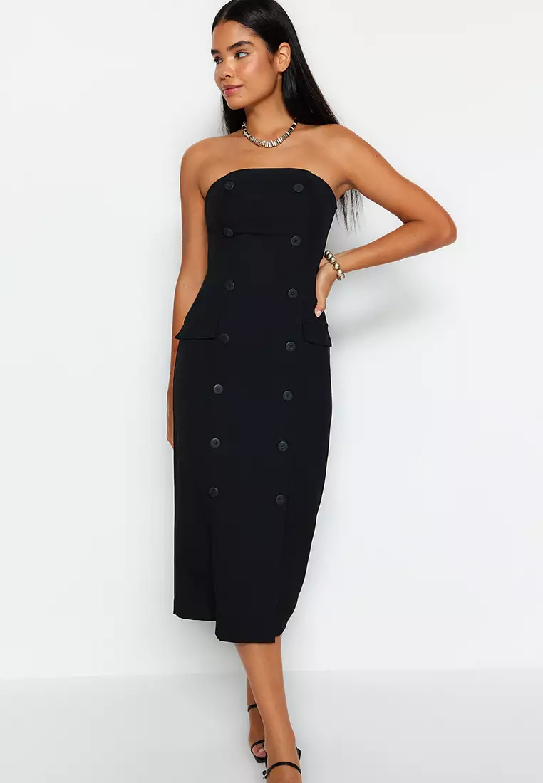 Straight Cut Strapless Midi Dress