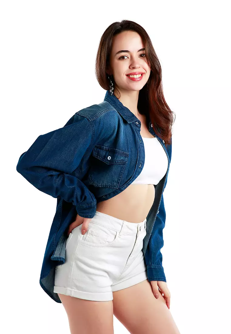 Kemeja Denim Ombre Kancing Bawah Biru Tengah