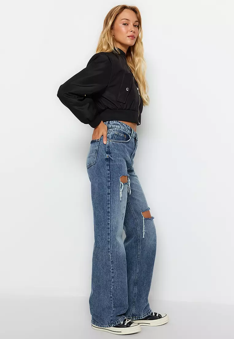 Ripped High Waist Wide Leg Jeans