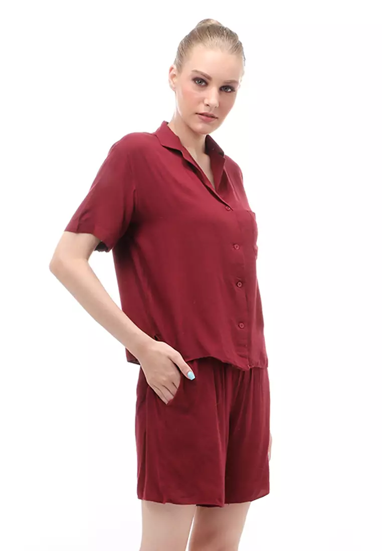 Avalee Setelan Wanita Simple Atasan Bawahan Motif Plain Relaxed Fit - Maroon