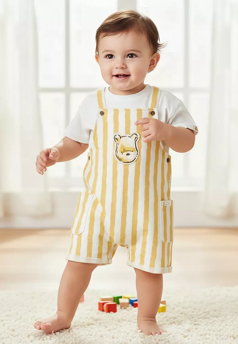 Babyshop Disney Crew Neck Short Sleeves T-Shirt And Dungaree Set With Winnie The Pooh Applique