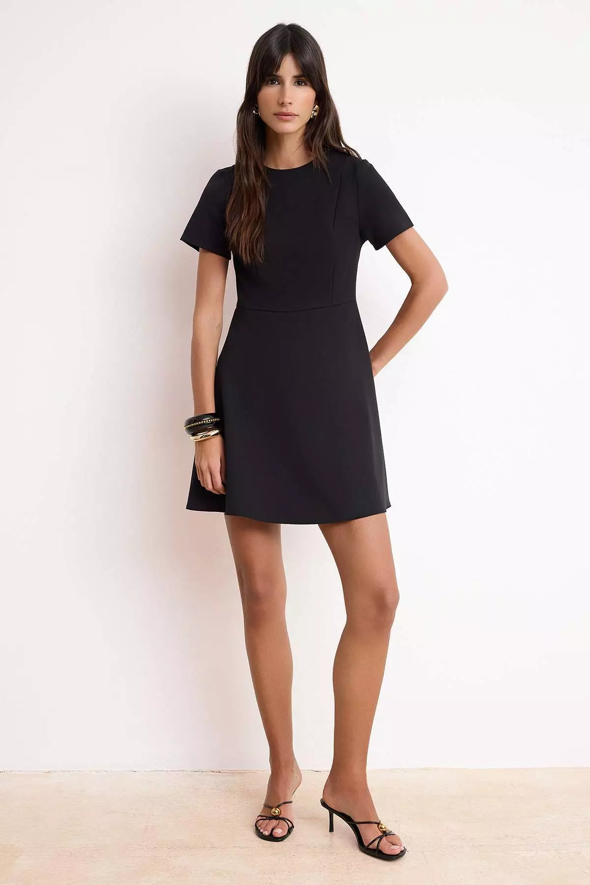 Black Skirt With Opening At The Waist Short Sleeve Mini Woven Dress Twoss26El00307