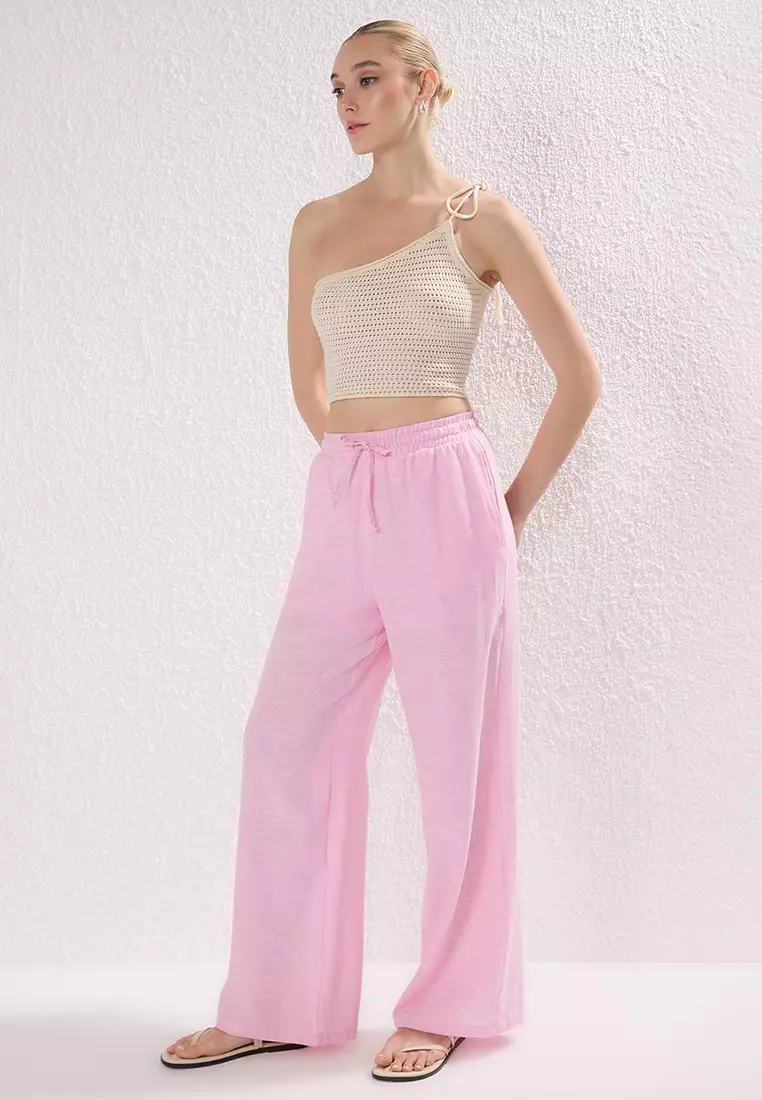 Light Pink Linen Look Wide Leg Shorts Lined Elastic Waist Pants