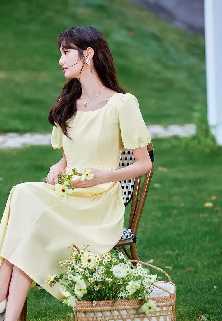 Plain Puff Sleeve Square Neck Summer Dress