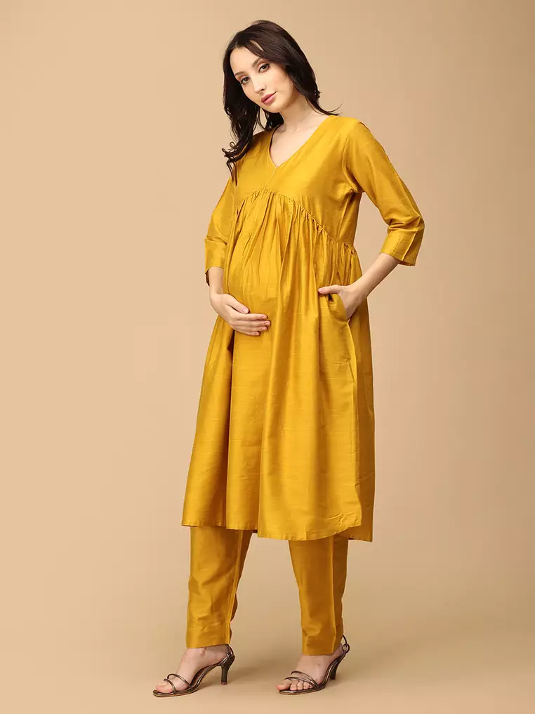 Rang-e-Kesar Maternity And Nursing Silk Kurta Set - Yellow