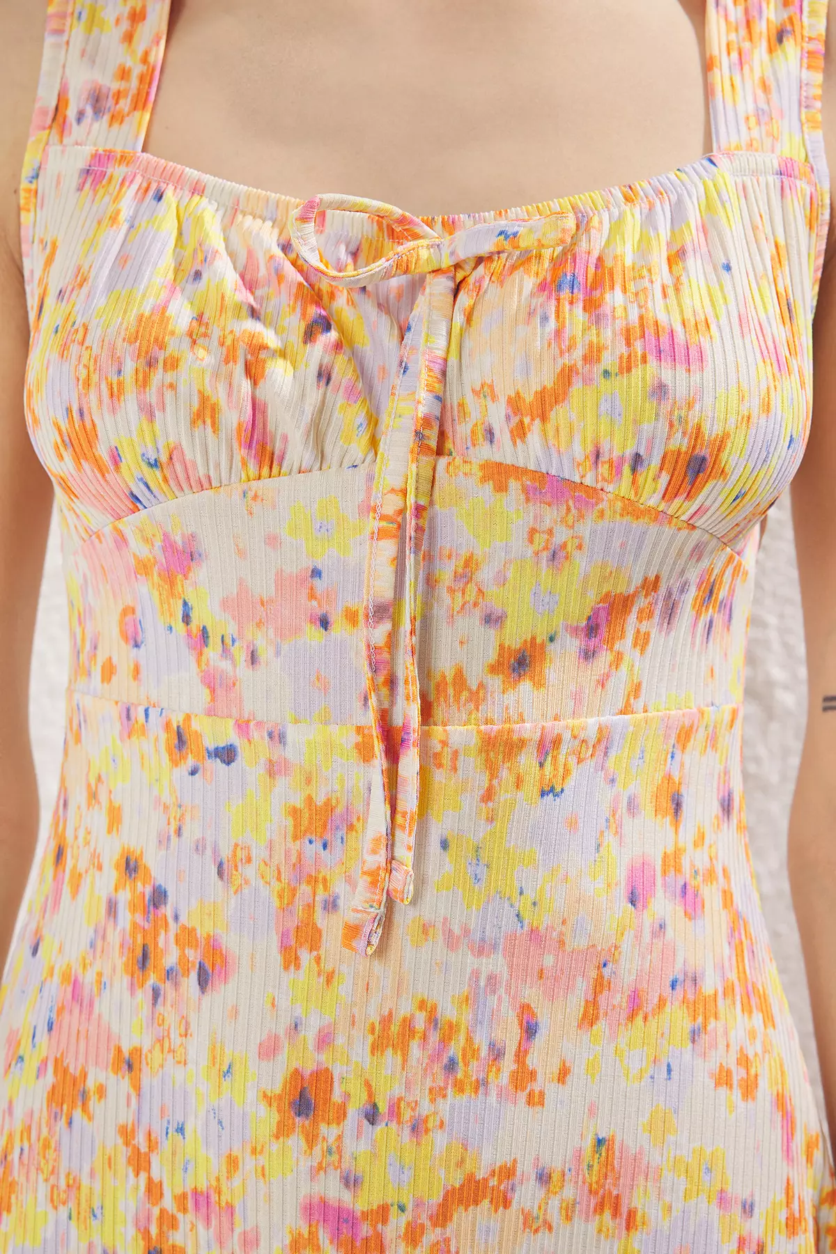 Orange Printed Square Neck Flounce A-Line Mini Knitted Mini Dress TWOSS23EL00348