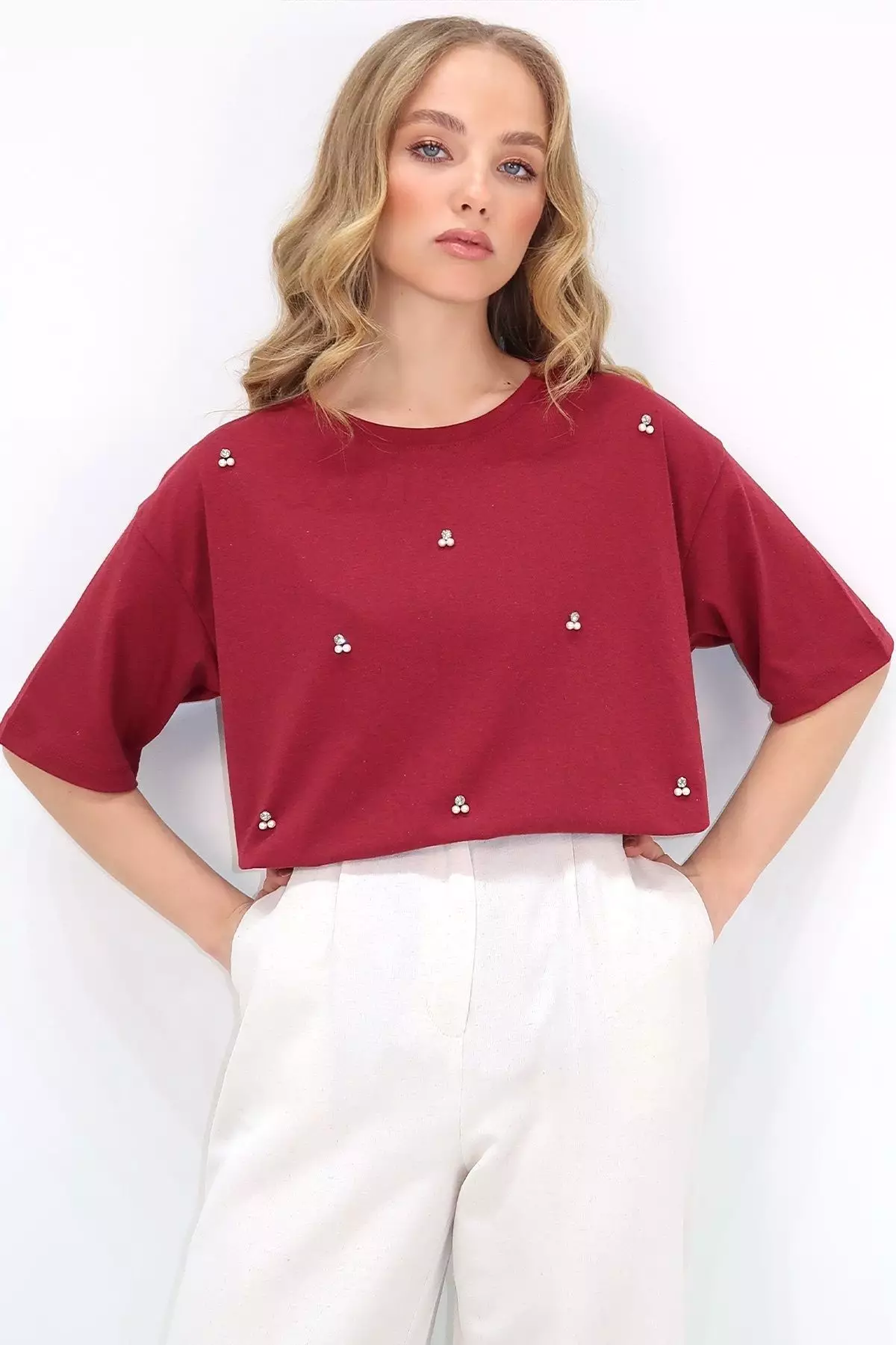 Women's Claret Red Crew Neck Oversize Pearl and Stone Embroidered T-Shirt