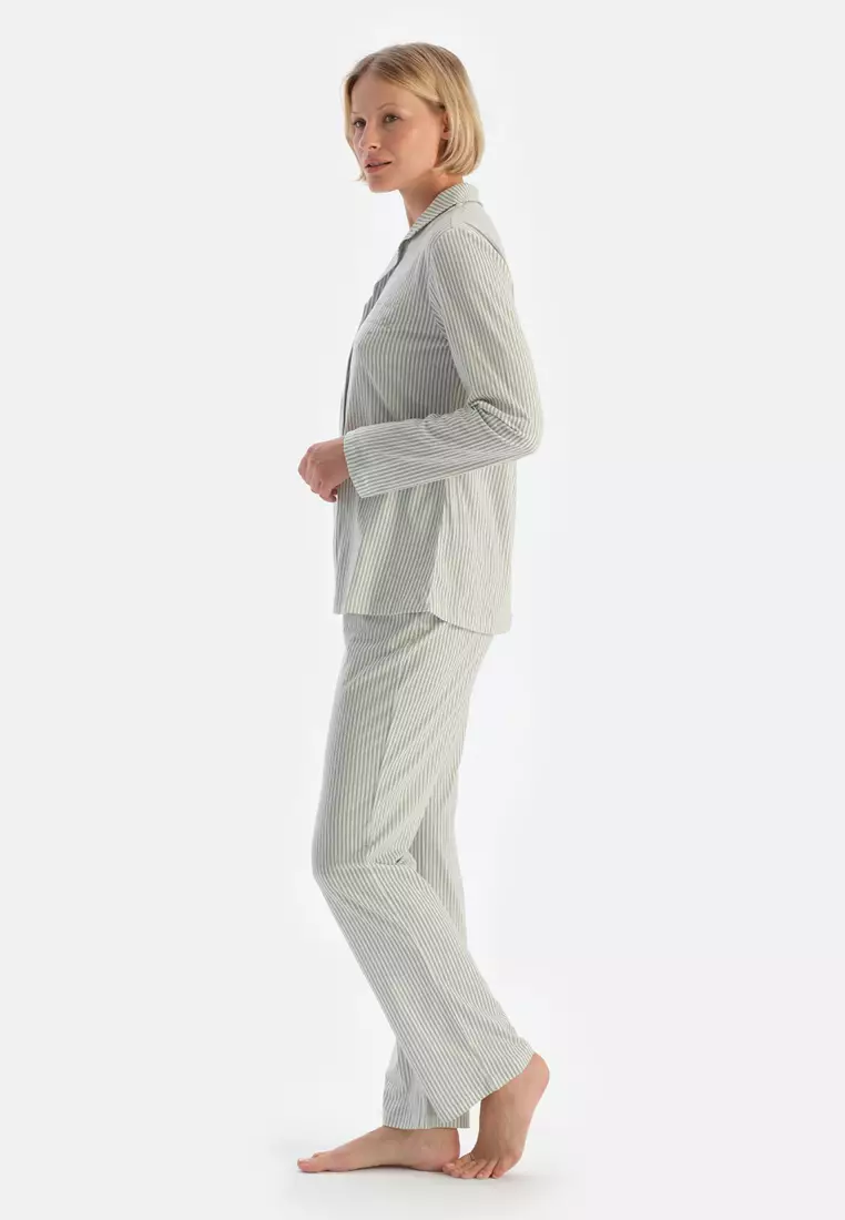 Turquoise Shirt & Trousers, Striped, Shirt Collar, Regular Fit, Long Sleeve Sleepwear for Women