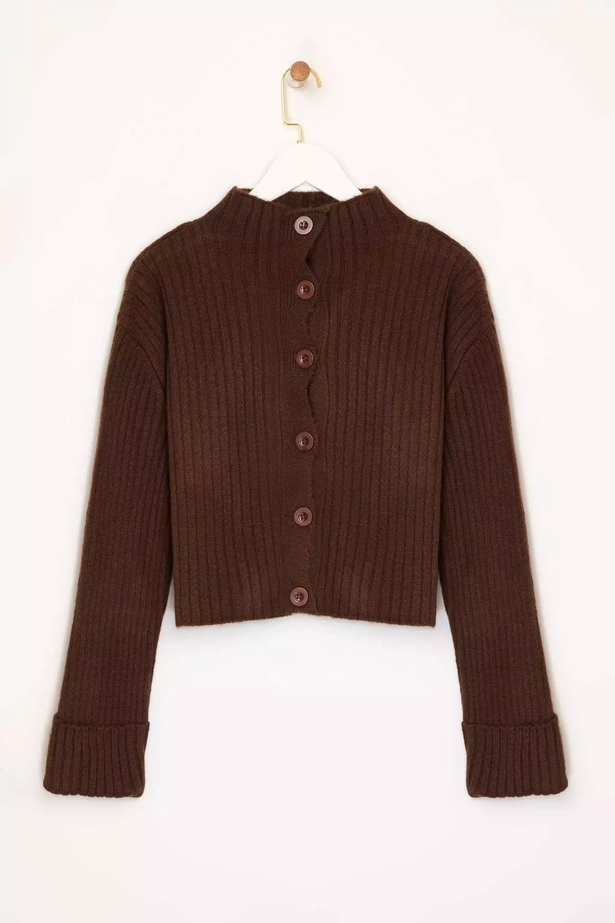 Brown Crop Soft Textured Stand Collar Knitwear Cardigan