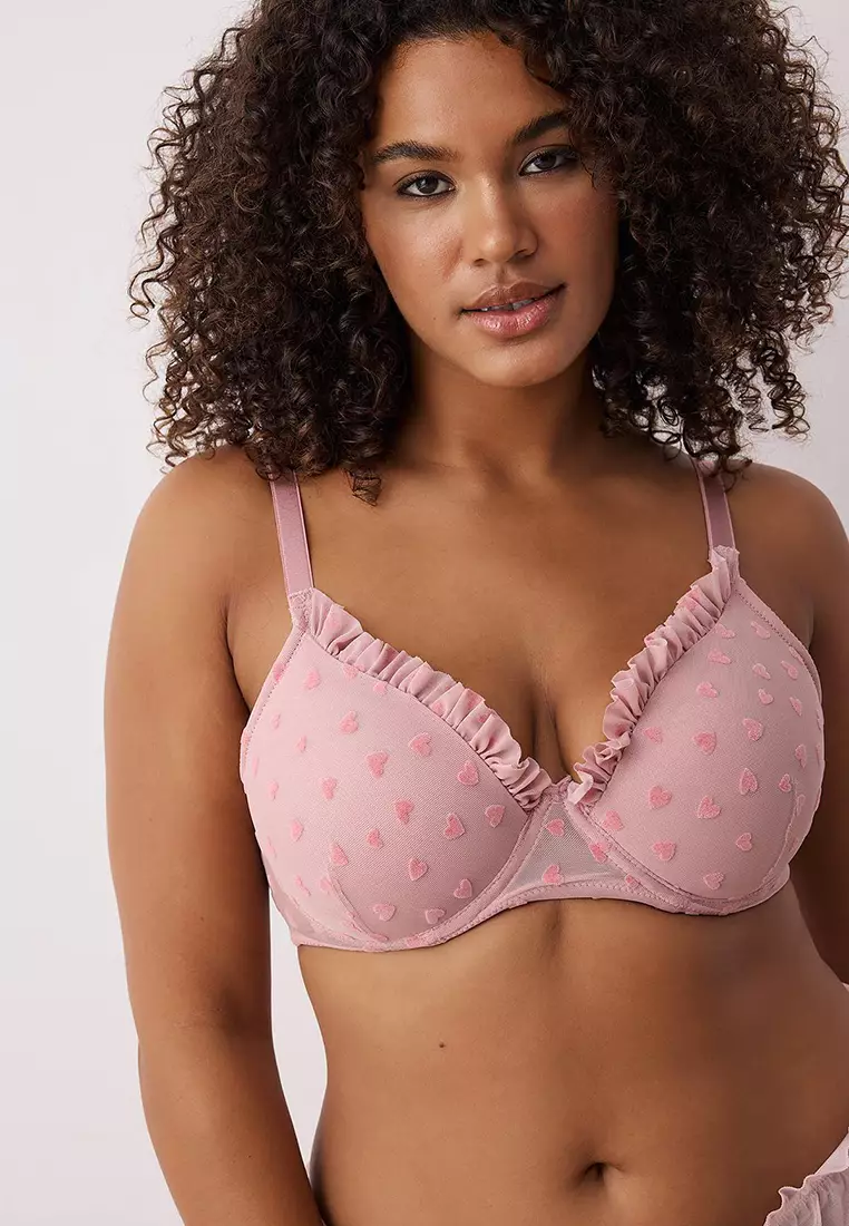 Powder Flock Printed Heart Fixed Cup Adjustable Strap Large Size Bra Tbbss25Cw00011