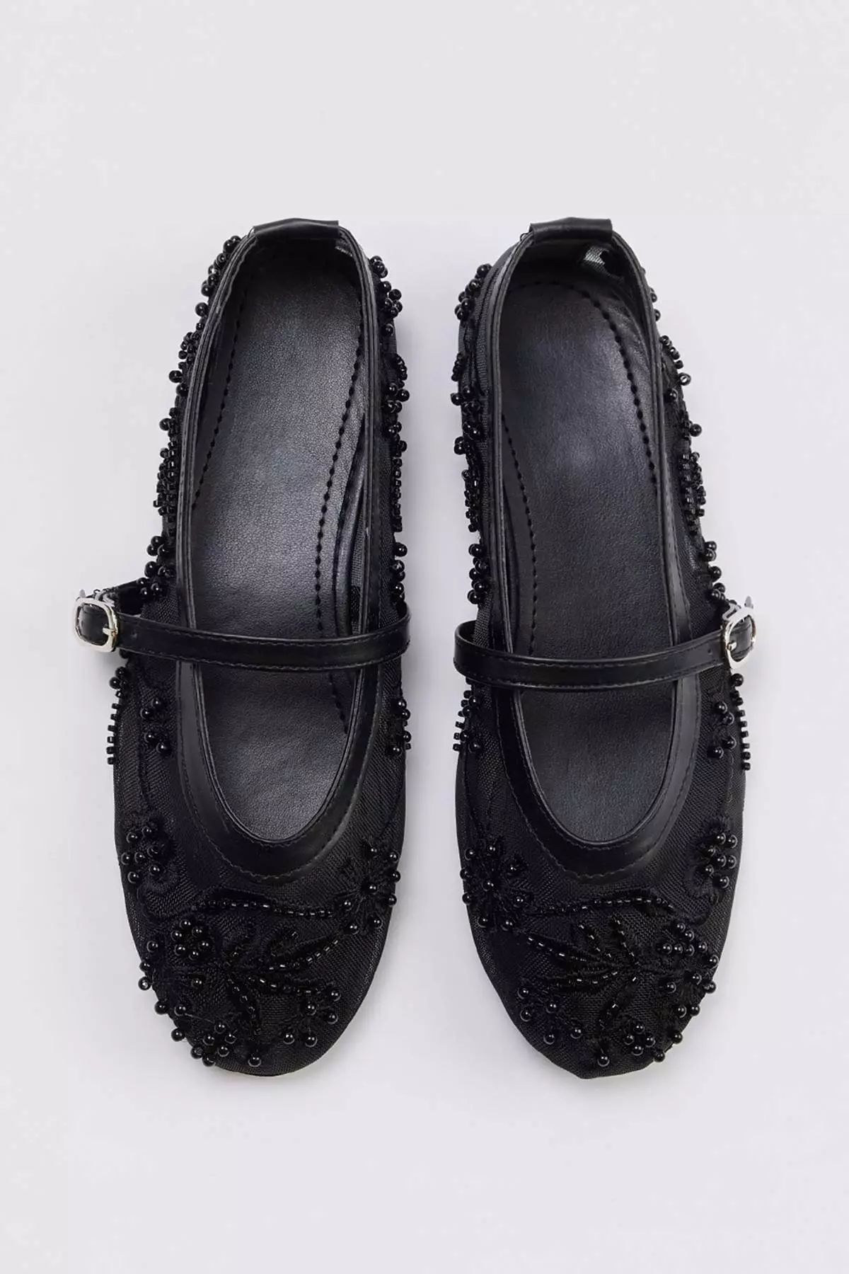 Black Beaded Detailed Women'S Mary Jane Ballerinas Takss26Be00035