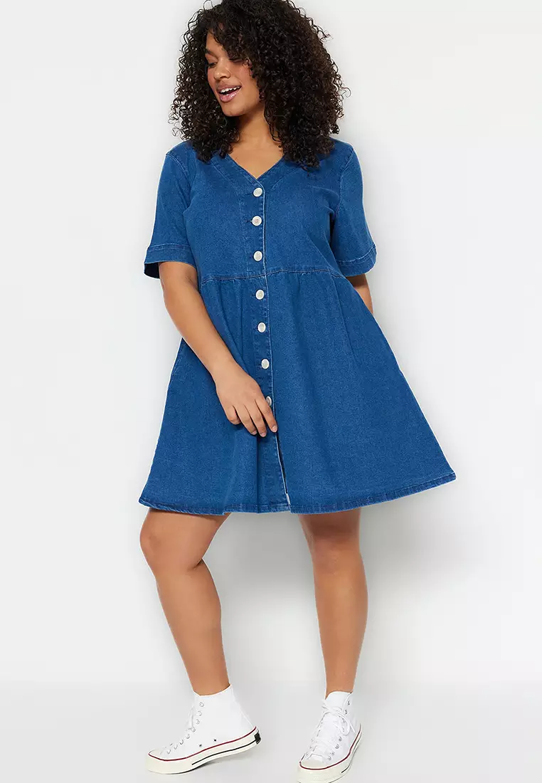 Plus Size V-Neck Denim Mini Dress