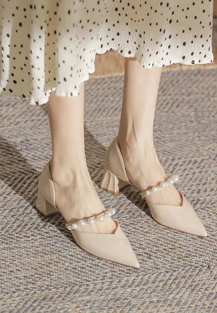 5CM Beaded Patent Leather Mid Heels IF55805