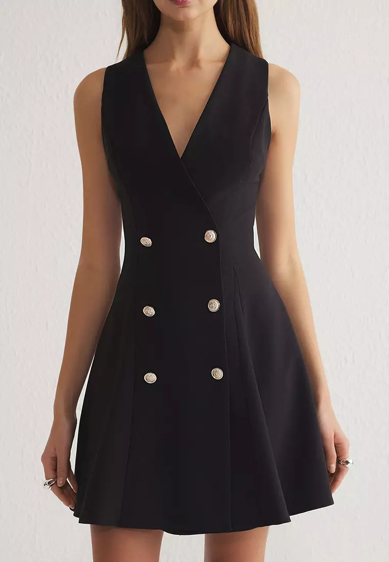 Black Buttoned Mini Woven Jacket Dress TWOSS25EL00117