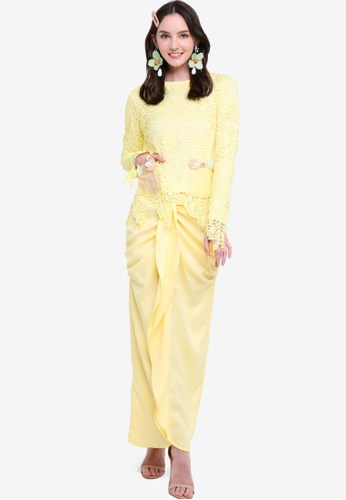 Embellish Lace Top With Drape Skirt from Lubna in Yellow