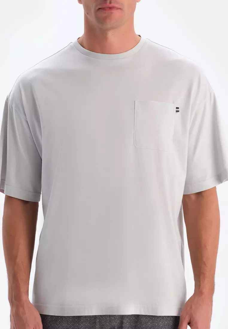 Grey T-Shirt & Trousers Knitwear Set, Crew Neck, Oversize, Long Leg, Short Sleeve Sleepwear for Men