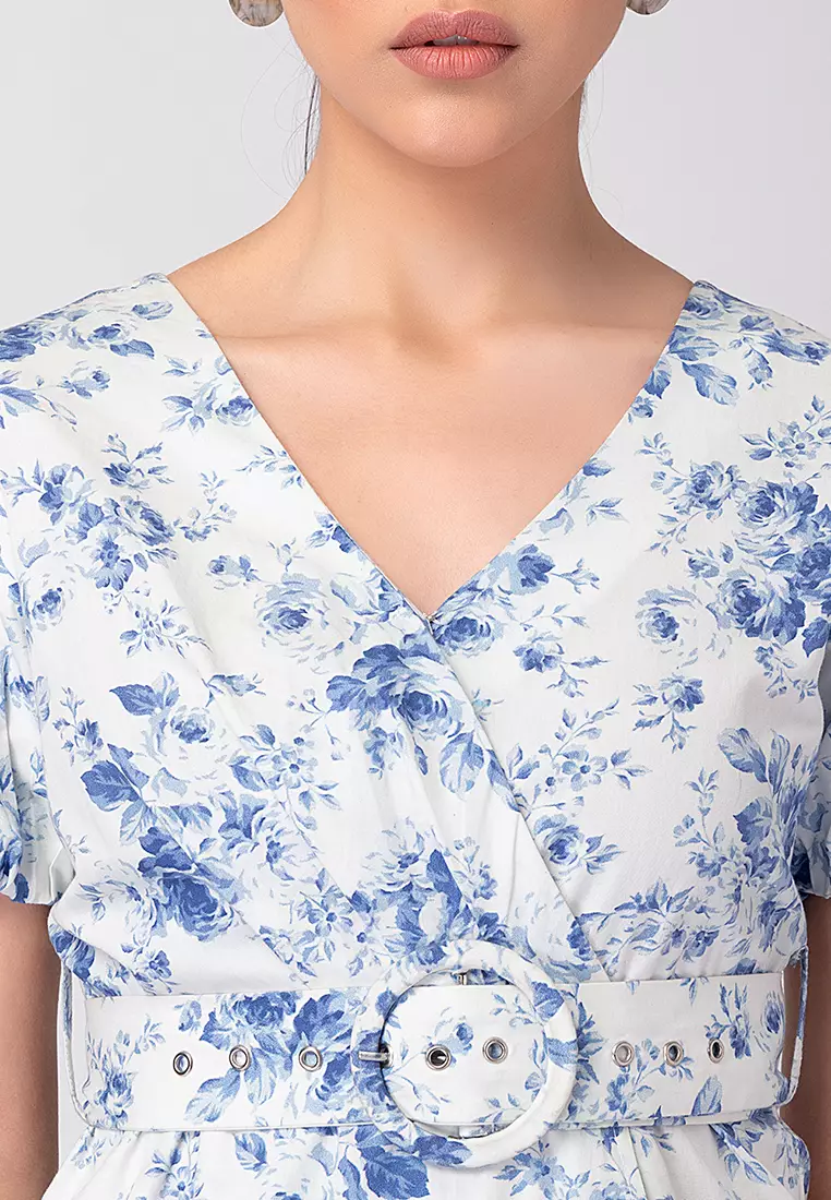 White And Blue Floral Wrap Dress with Self Fabric Belt