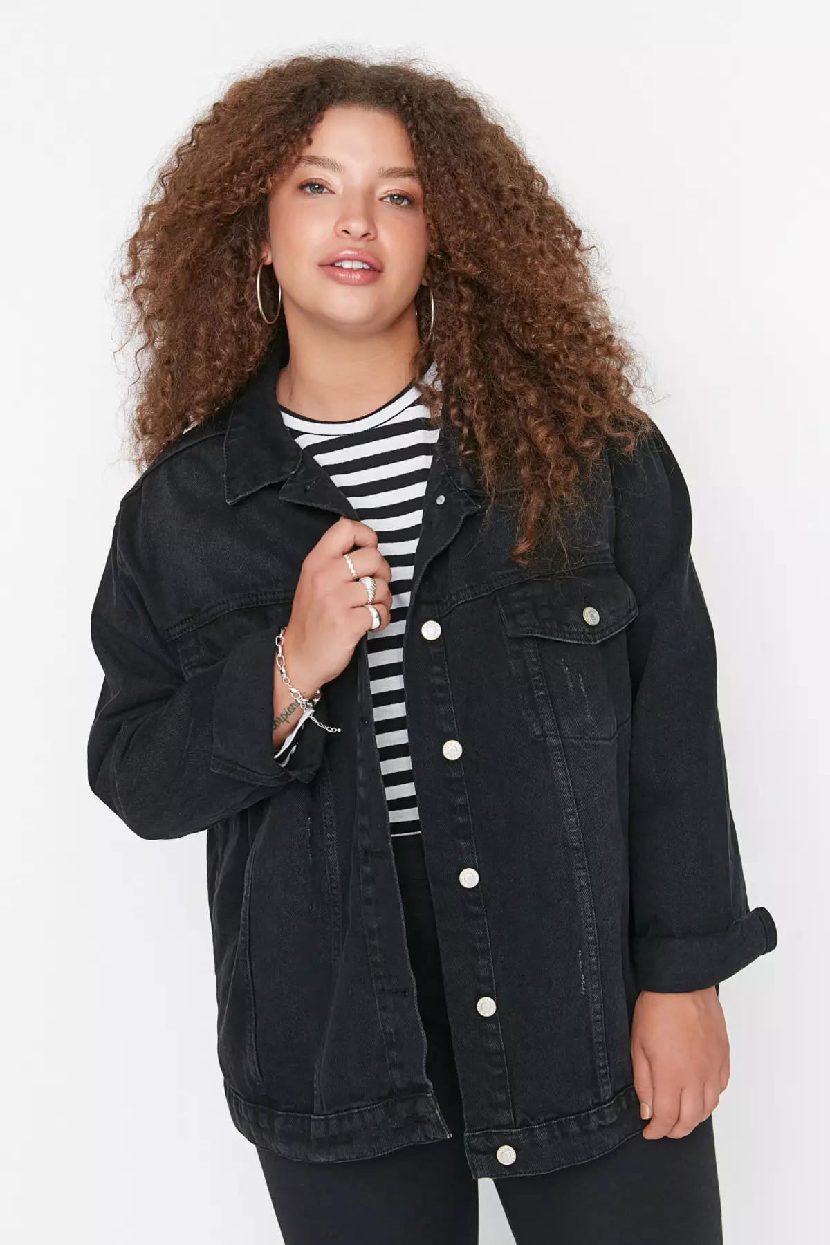 Buy Trendyol Plus Size Anthracite Pocket Detailed Denim Jacket
