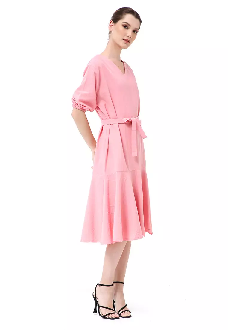 Rachel Midi Dress Ruffle Wanita with Strap Lengan Pendek Material Linen ORIGINAL - Pink