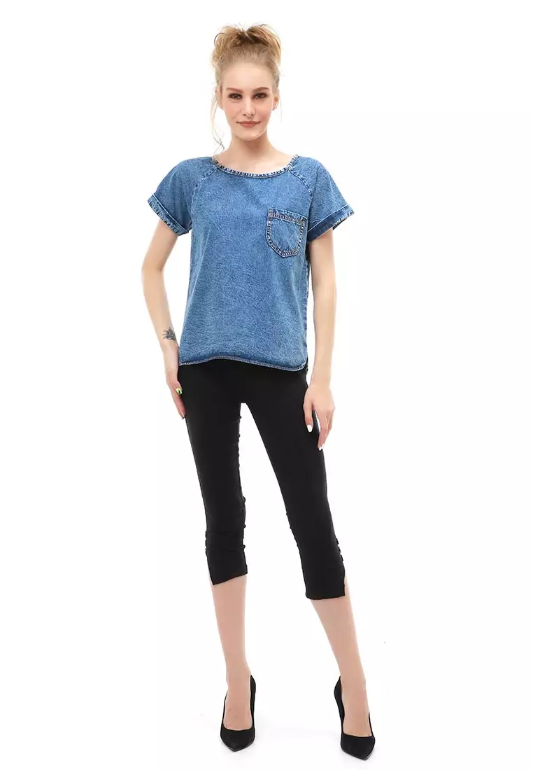 Cheva Blouse Jeans Wanita Kasual Lengan Pendek Model Saku Depan Material Denim ORIGINAL - Gray