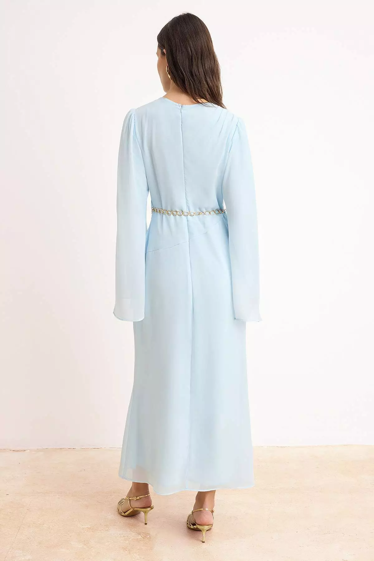 Blue Silk Chiffon Chain Accessory Lined Plain Woven Hijab Dress Tctss26Eb00084