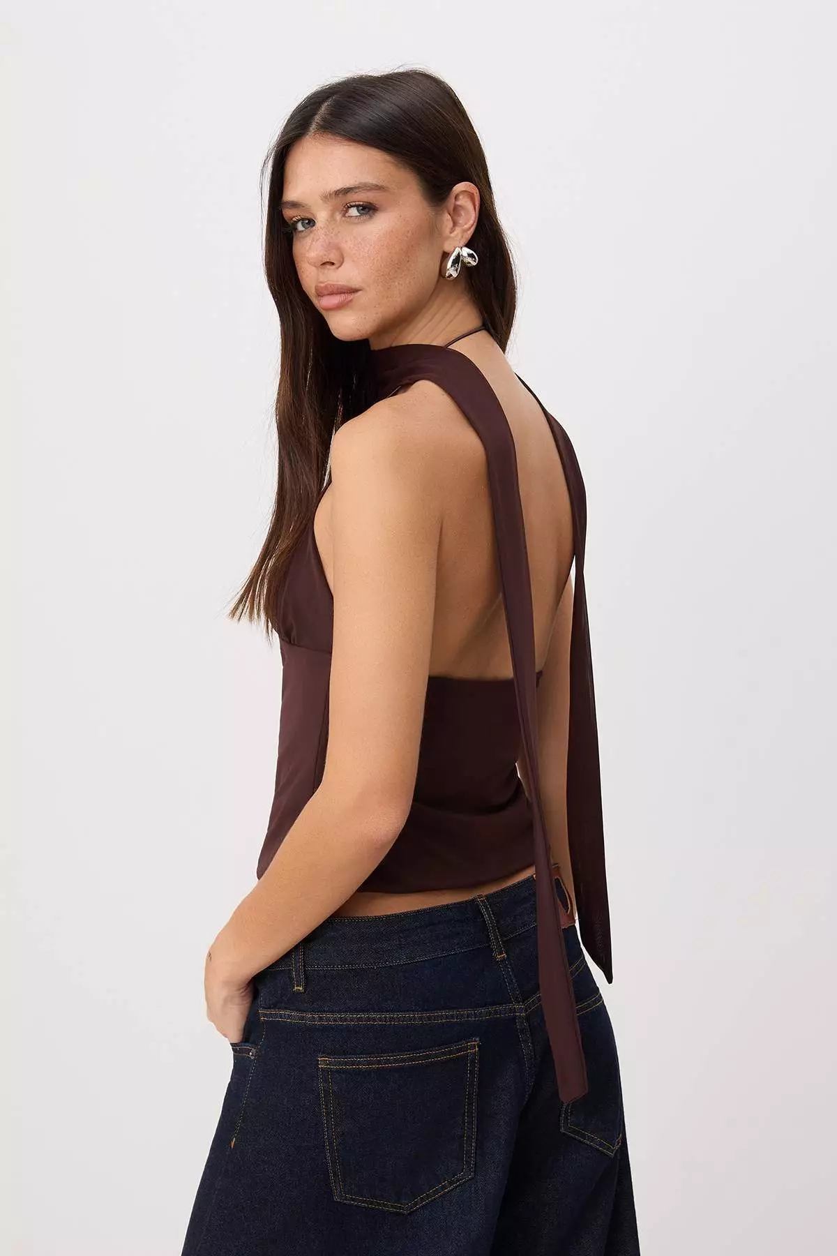 Brown Polka Dot Li Fitted Halter Neck Tie-Detail Accessory Detail Tulle Knitted Blouse Twoss26Bz488