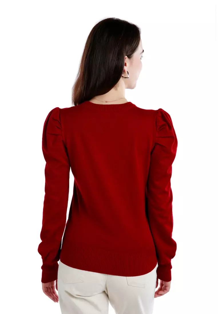 酒紅色泡泡袖毛衣