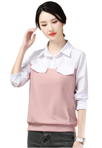 A-IN GIRLS white and pink Simple Color Block Lapel Top 83AEFAA5FA25DEGS_1