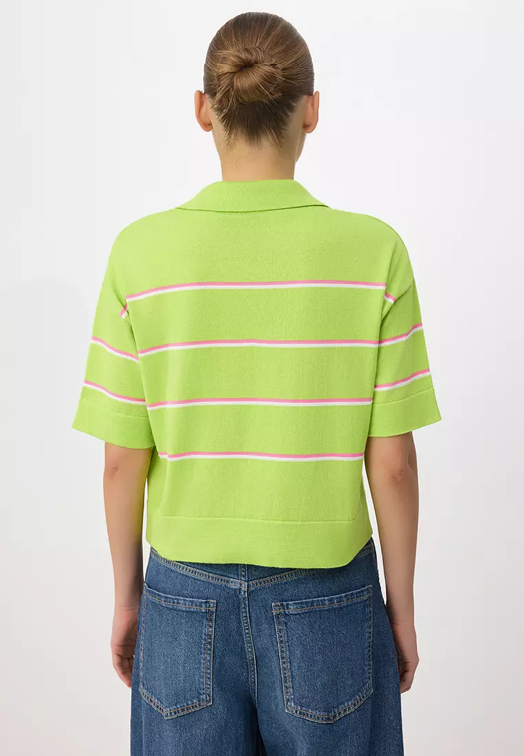 Yeşil Wardrobe Essentials Summer Yarn C Striped Polo Neck Knitwear Blouse Twoss26Bz127