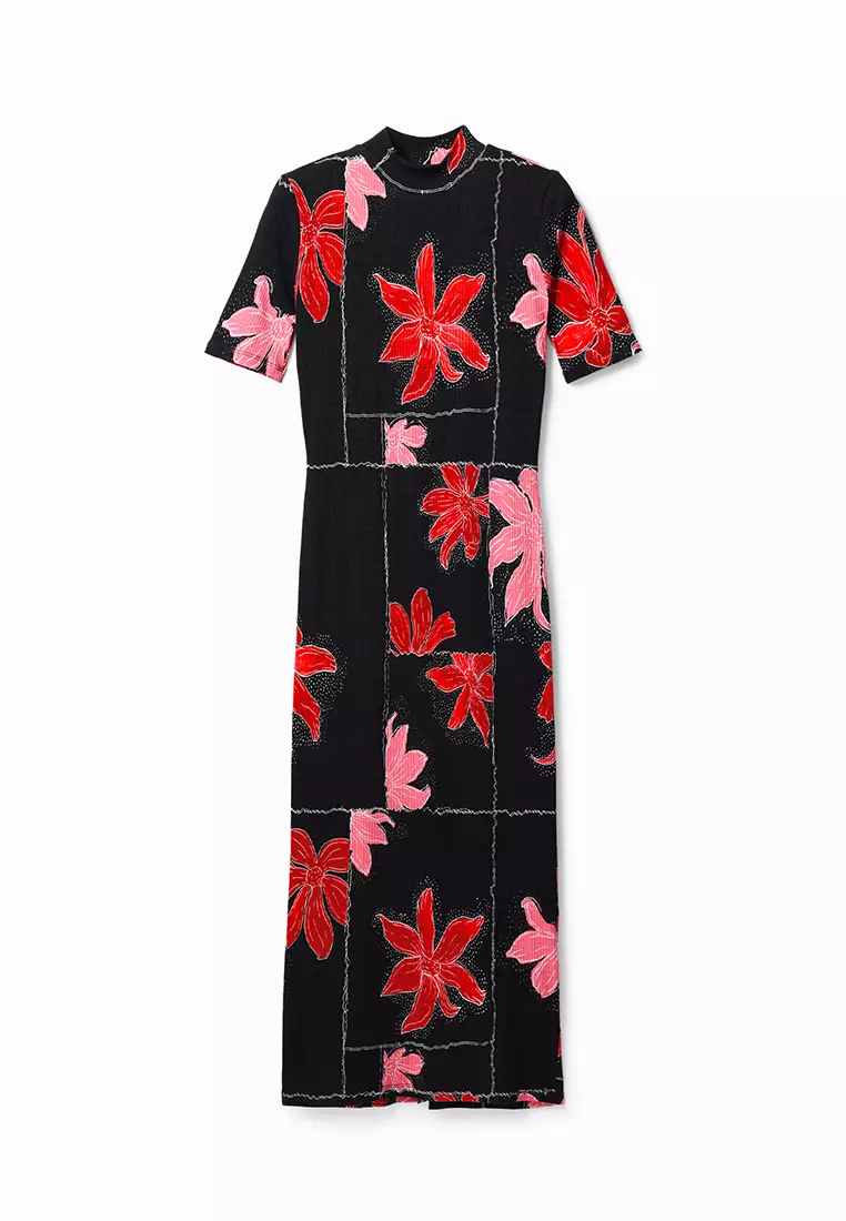 Desigual Woman Ribbed floral midi dress.