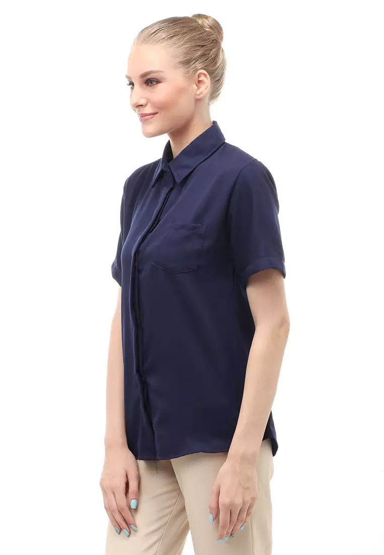 Shirt Atasan Wanita Lengan Pendek Detail Saku Motif Polos Design Simple - Navy