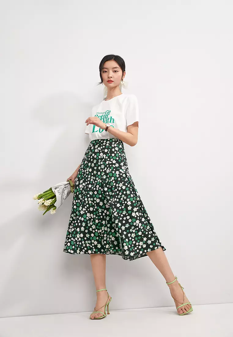Slim Waist Flare Floral Long Skirt