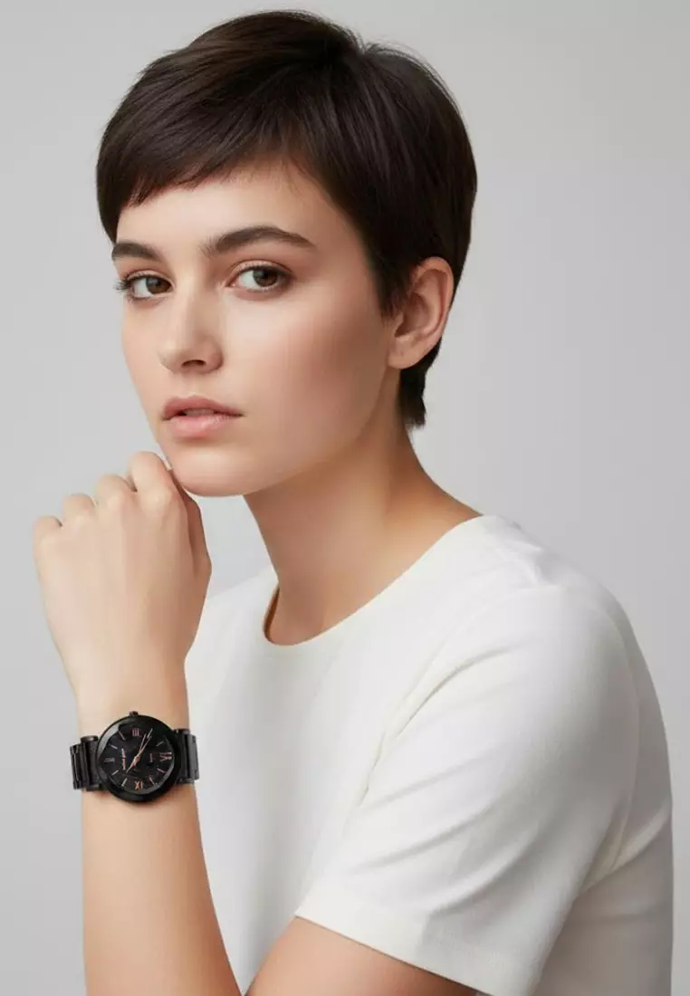 Romish Watch Embellished with Glittering Crystals - Black and Rose Gold