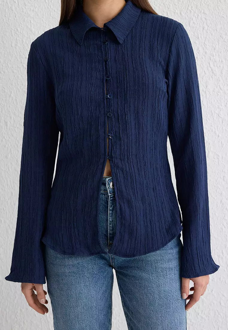 Dark Navy Textured Fitted Waist Woven Shirt TWOSS24GO00002