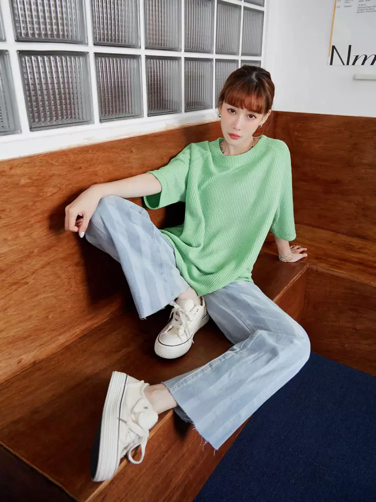 Cotton Striped Raw Hem Straight-Leg Jeans [BA7209]