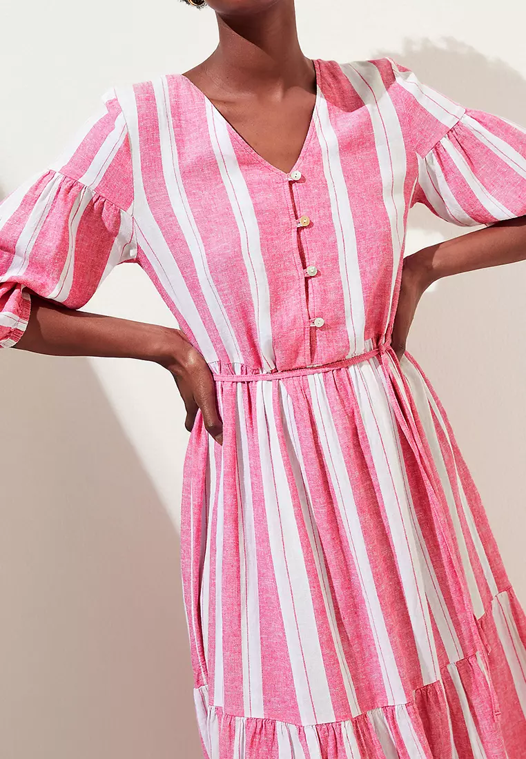Linen Blend Striped V Midi Dress
