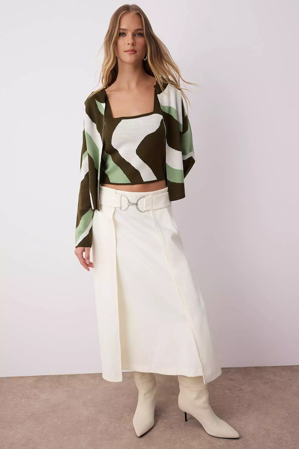 Green Patterned 2 Piece Blouse Cardigan Knitwear Cardigan