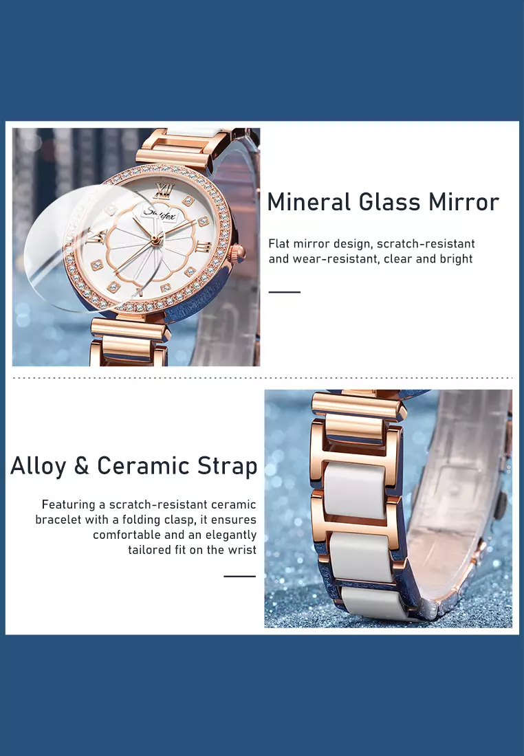 Jam Tangan Wanita 6032 Kuarsa Tali Stainless Steel Berlian Anggun Santai Jam Tangan Cewek white