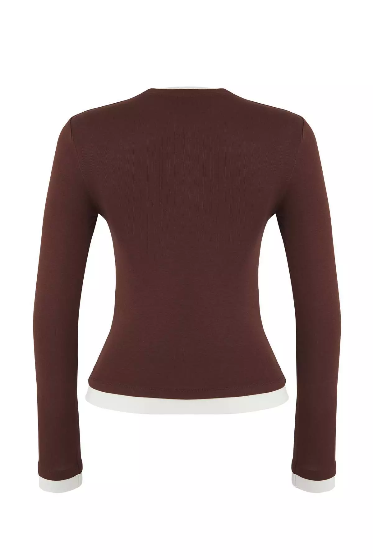Brown Color Block Fitted/Body-Smoothing Viscose/Soft Fabric Flexible Knitted Blouse