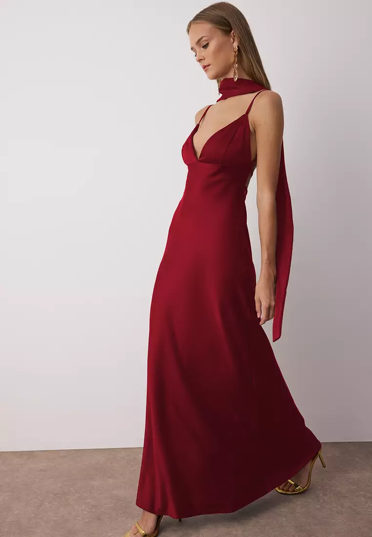 Red Shawl Detailed Satin Woven Maxi Evening Night Graduation Dress