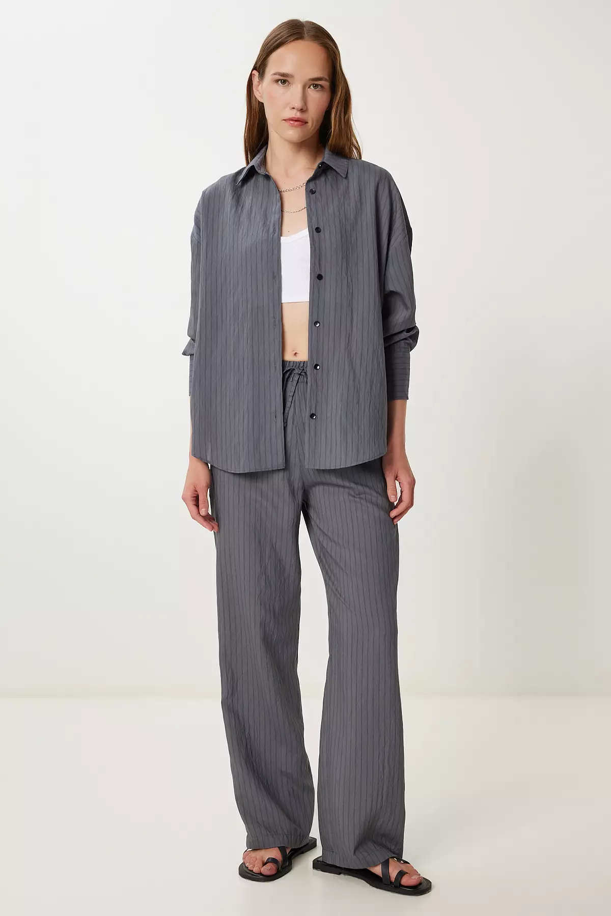 Women's Anthracite Striped Shirt Pants Set Wf00138