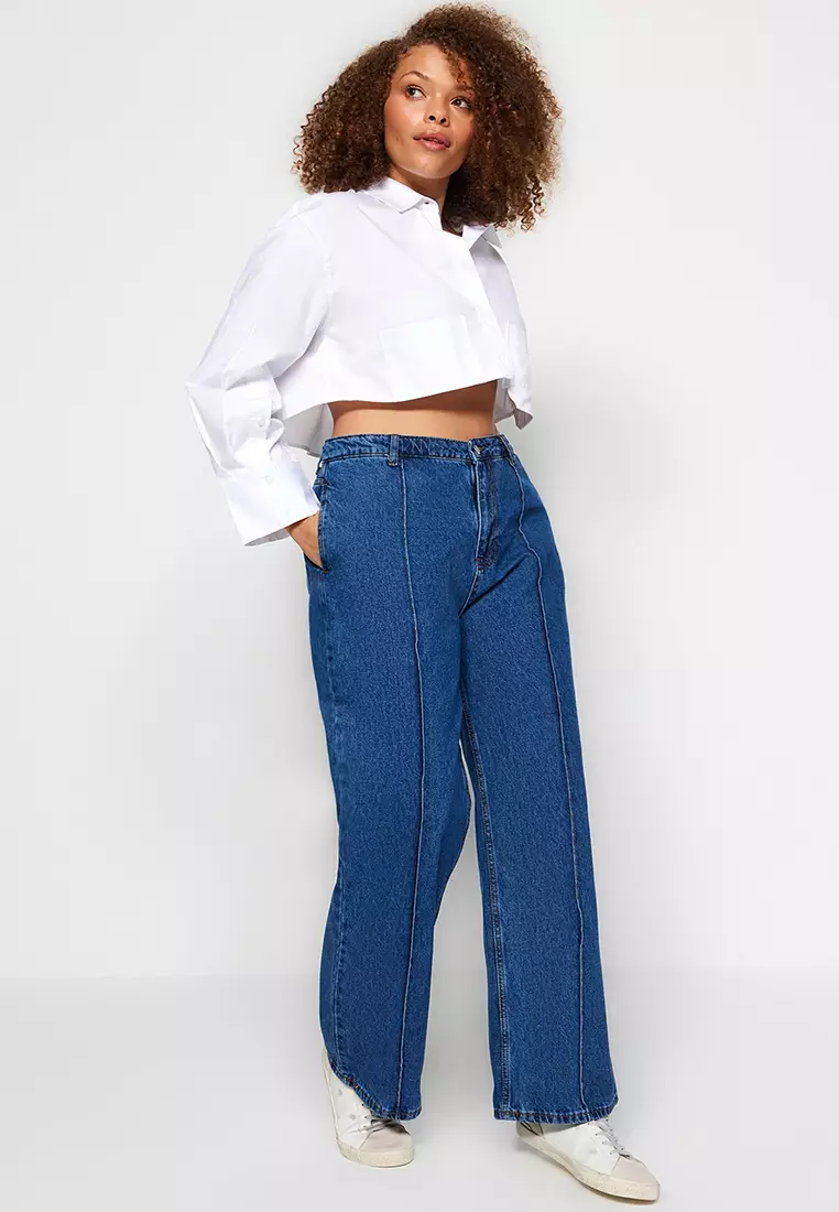 Buy Trendyol Plus Size Dark Blue High Waist Ribbed Wide Cut Jeans ...