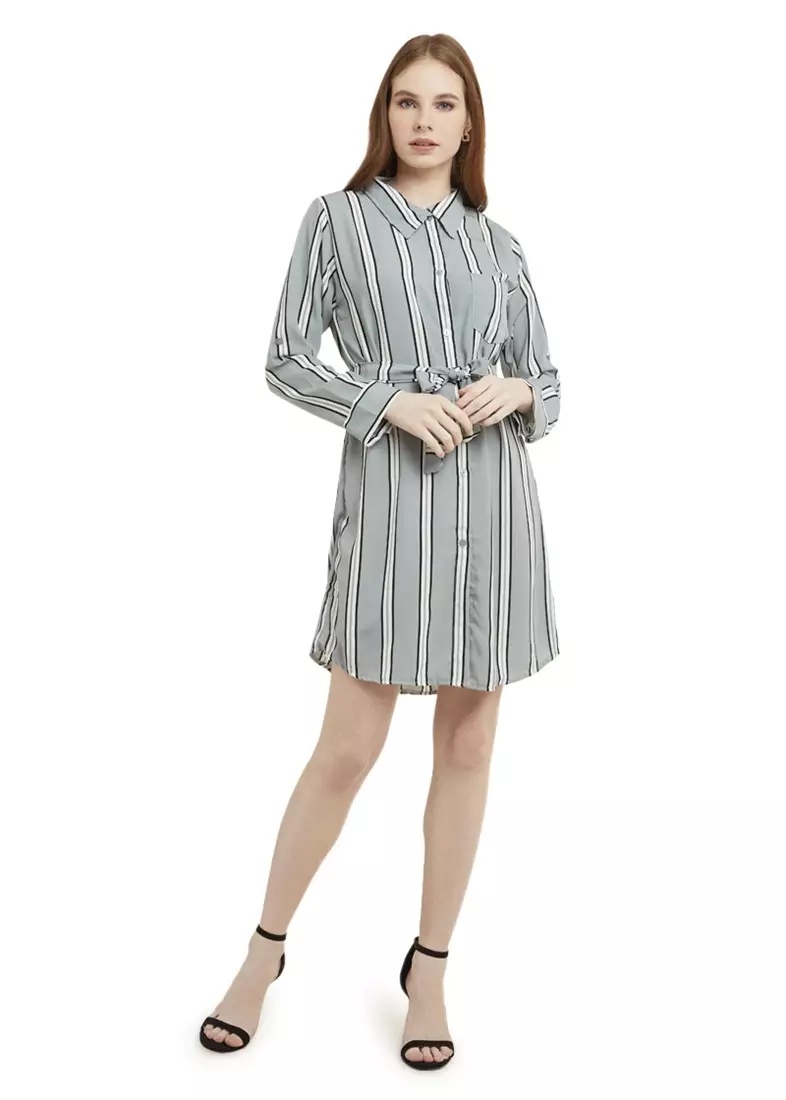 Mini Dress Chic With Belt Lengan Panjang Garis Dual Tone Color Baju Wanita - Grey