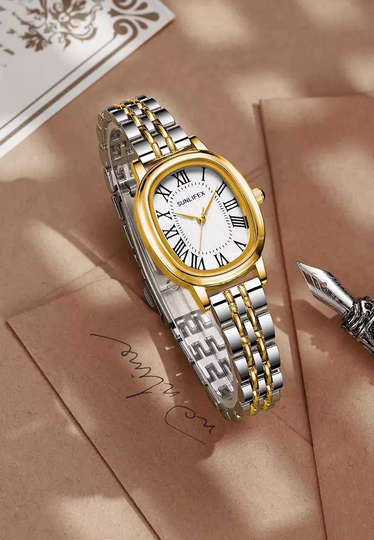 Jam Tangan Wanita Analog Original Korean Tali Rantai Oval Stanless Anti Air Jam Tangan Cewek goldwhite